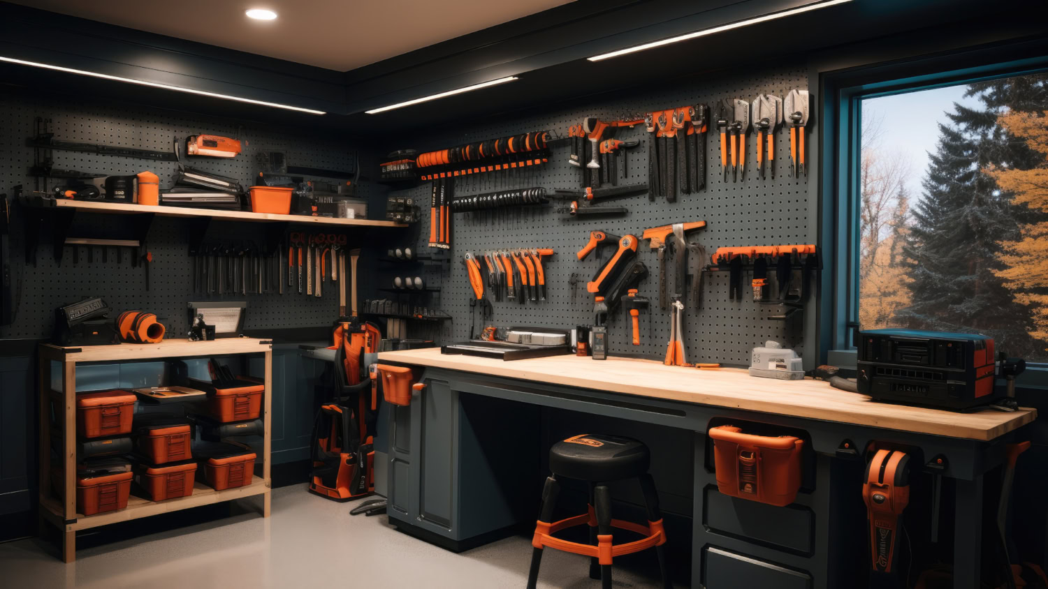 Blick in eine Werkstatt mit vielen Werkzeugen, die in Schwarz und dunklem Orange gehalten sind. Auf der rechten Seite ist ein Fenster mit Blick nach draußen.